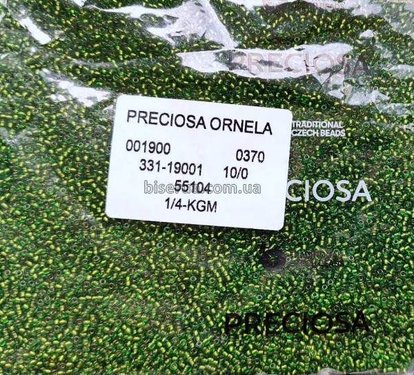55104 Бисер чешский 50г, "PRECIOSA" №10, прозрачный с серебряным отверстием, зелёный. 55104 фото