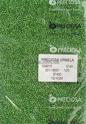 57430 Бісер чеський 50г, "PRECIOSA" №10, прозорий зі сріблястою серединкою, світло-зелений. 57430 фото