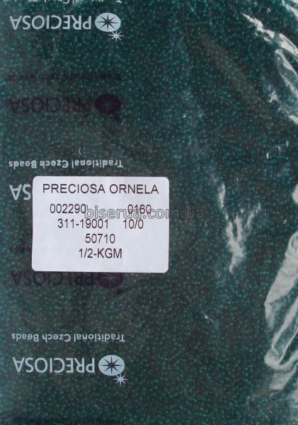 50710к Бісер чеський 50г, "PRECIOSA", №10, прозорий, темно-ізумрудний, з квадратною серединкою. 50710к фото