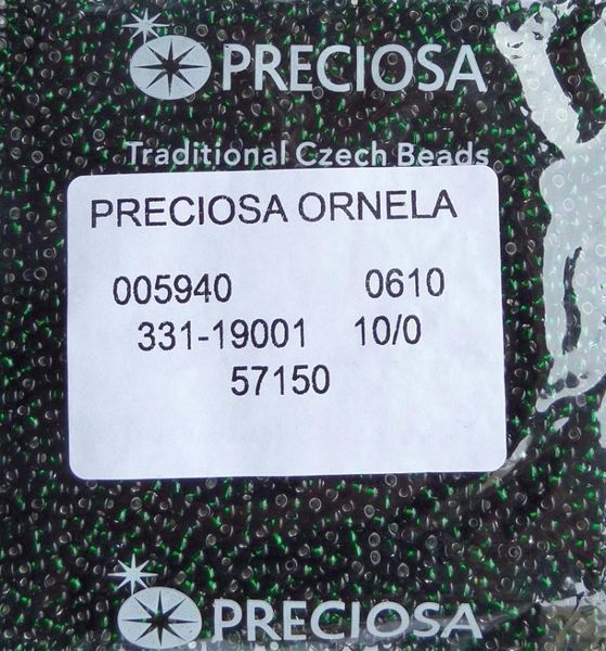 57150 Бісер чеський 50г, "PRECIOSA", №10, темно зелений, прозорий зі сріблястою серединкою. 57150 фото