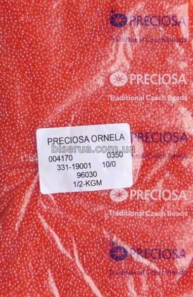 96030 Бісер чеський 50г, "PRECIOSA", №10, яскраво червоний помаранчевий, прозорий, глянцевий. 96030 фото