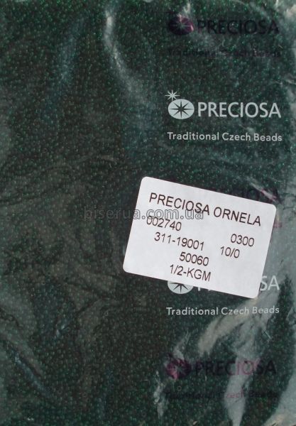 50060 Бісер чеський 50г, "PRECIOSA," №10, прозорий, темно-зелений. 50060 фото