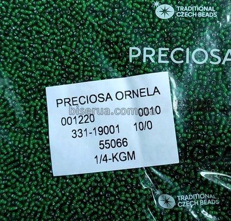 55066 Бісер чеський 50г, "PRECIOSA", №10, темно-зелений, прозорий, профарбований всередині. 55066 фото